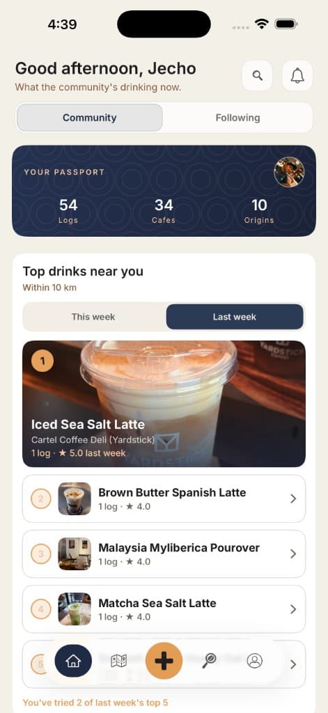 HANKO app home dashboard with your passport stats and top drinks nearby
